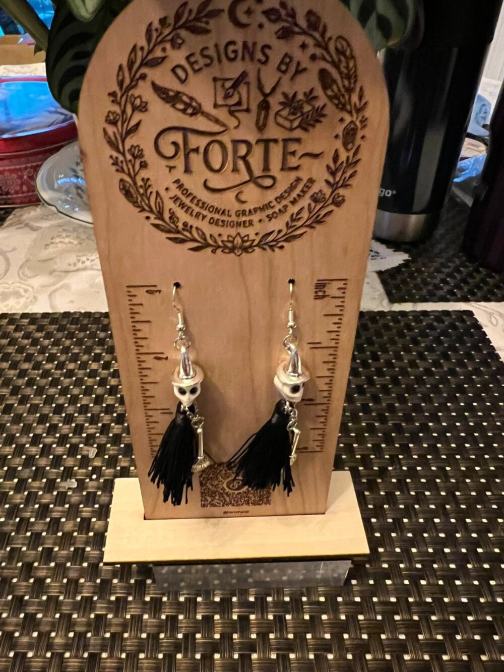 Handmade Skull Witch Hat Earrings with Black Tassels & Broom Charm - Picture 2 of 5